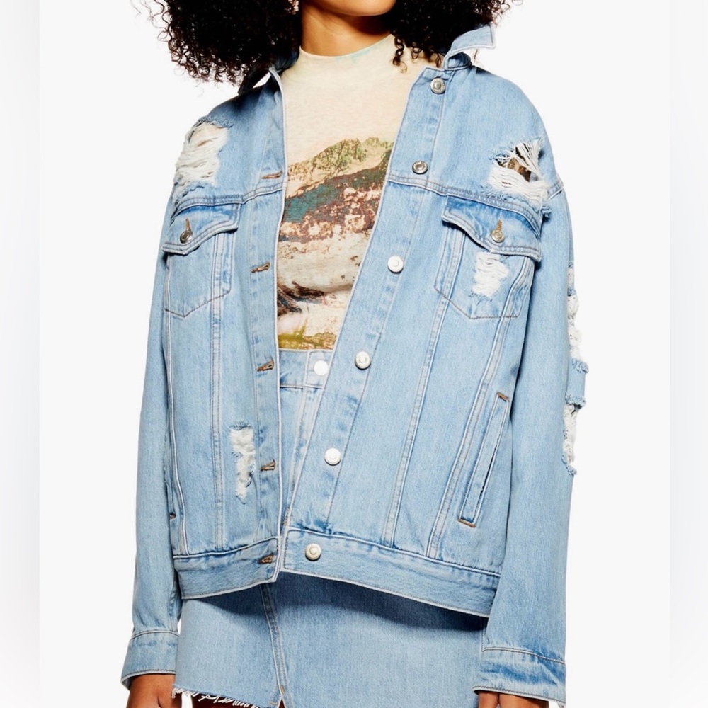 Topshop Oversized Light Washed Distressed Denim Jacket, Size 10